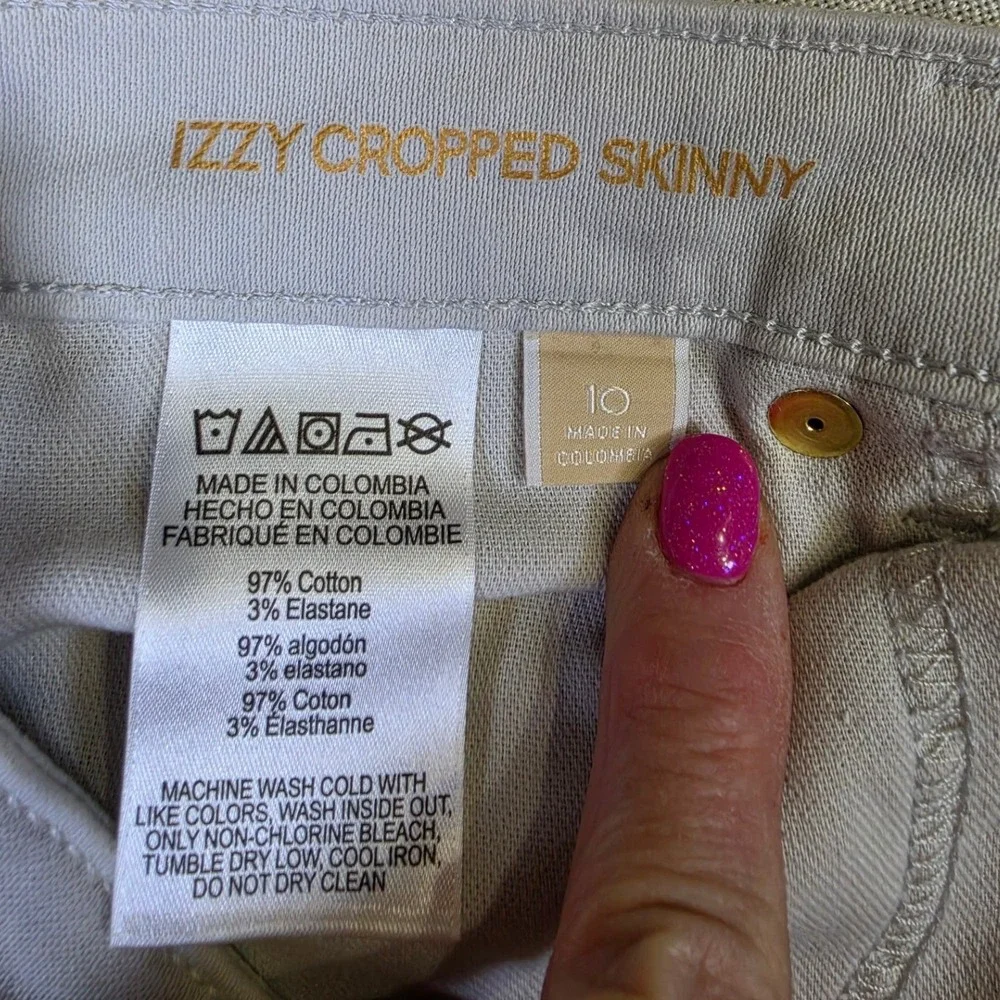 Michael Kors Izzy Cropped Skinny Jeans Light Gray Gold Hardware Size 10
